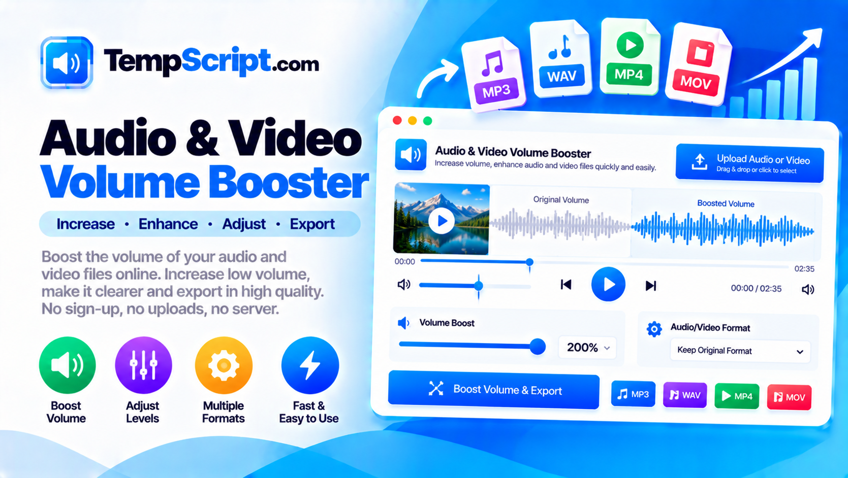 Audio and video volume booster with a volume slider, presets and a media preview panel