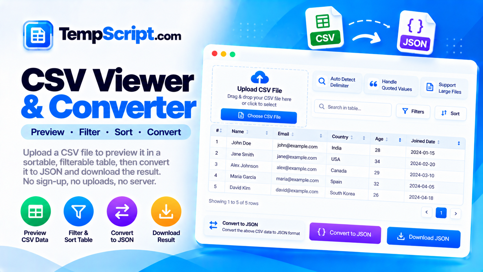 CSV viewer and converter with a table preview and JSON output panel