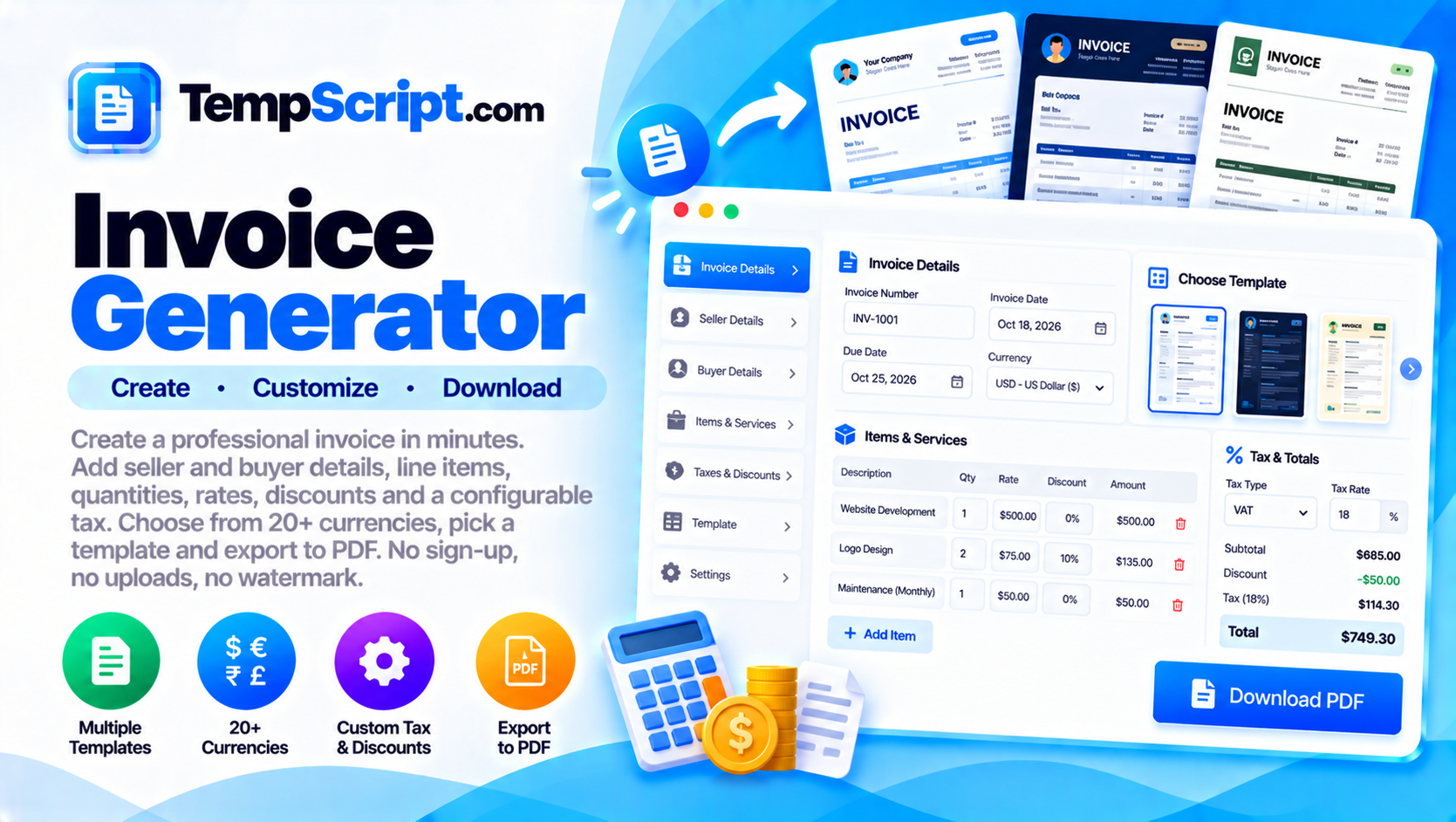 Invoice generator with editable line items and a live preview of the invoice document