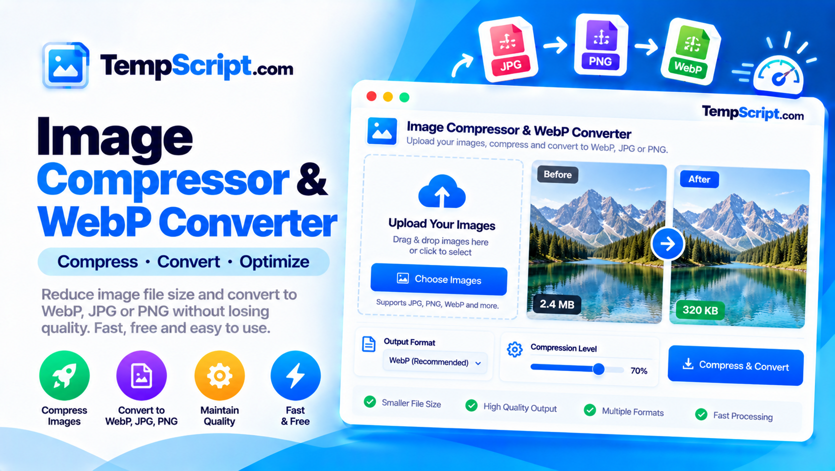 Image compressor and WebP converter with quality settings and before/after comparison
