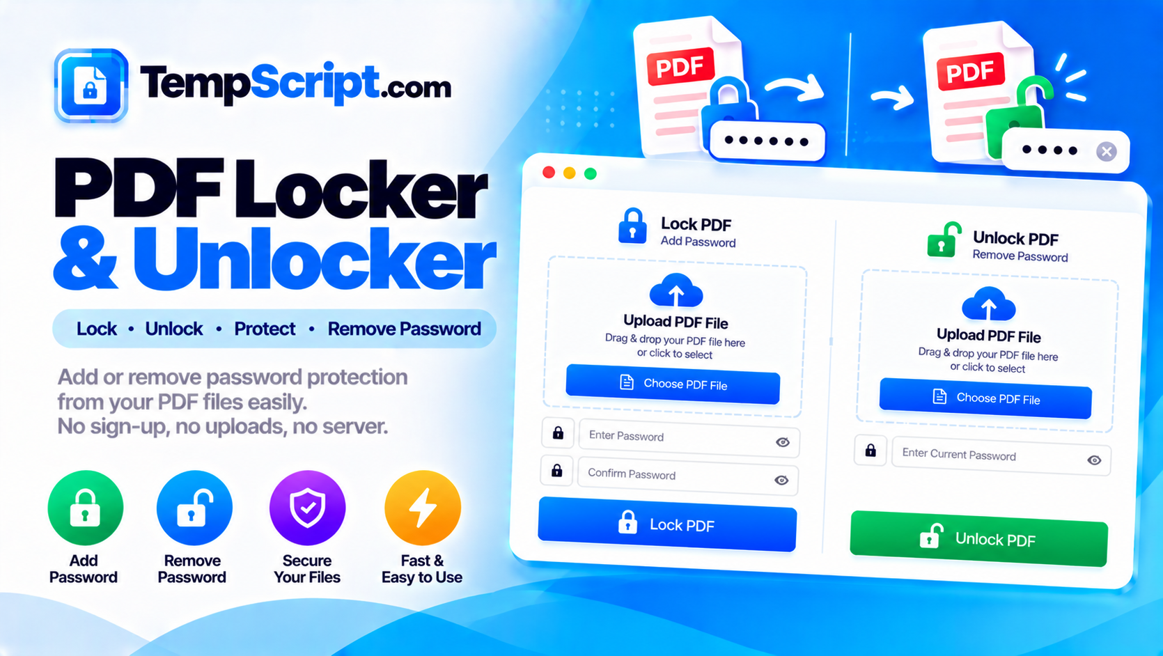 PDF locker and unlocker tool with password fields and mode tabs
