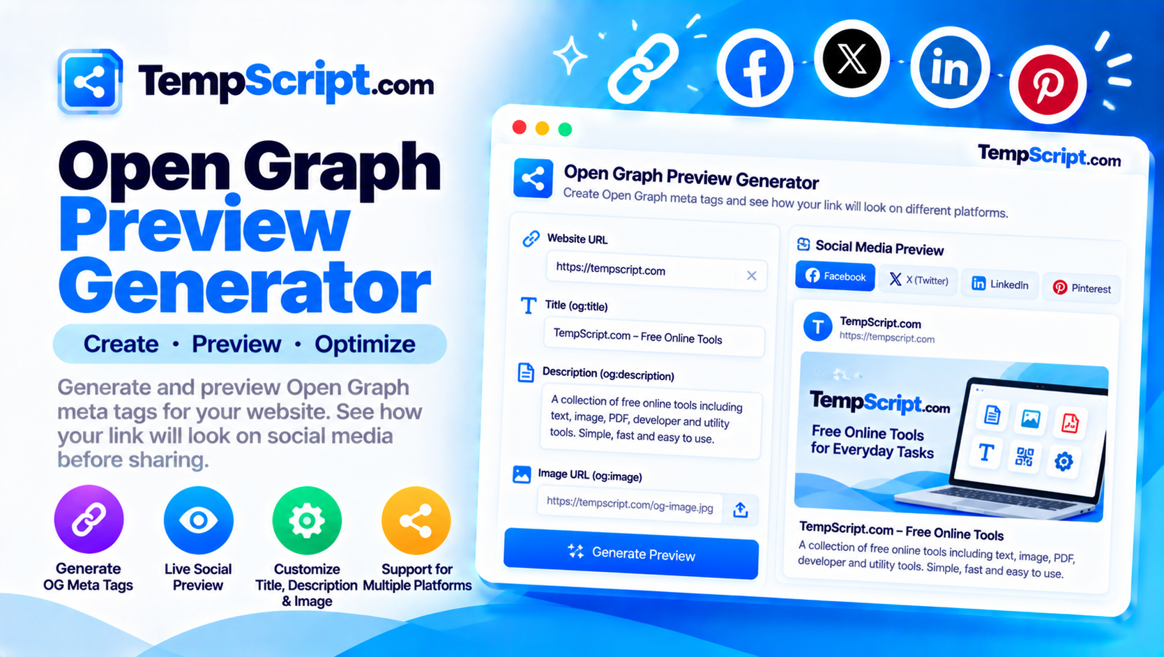 Open Graph preview generator with editable fields and social card previews