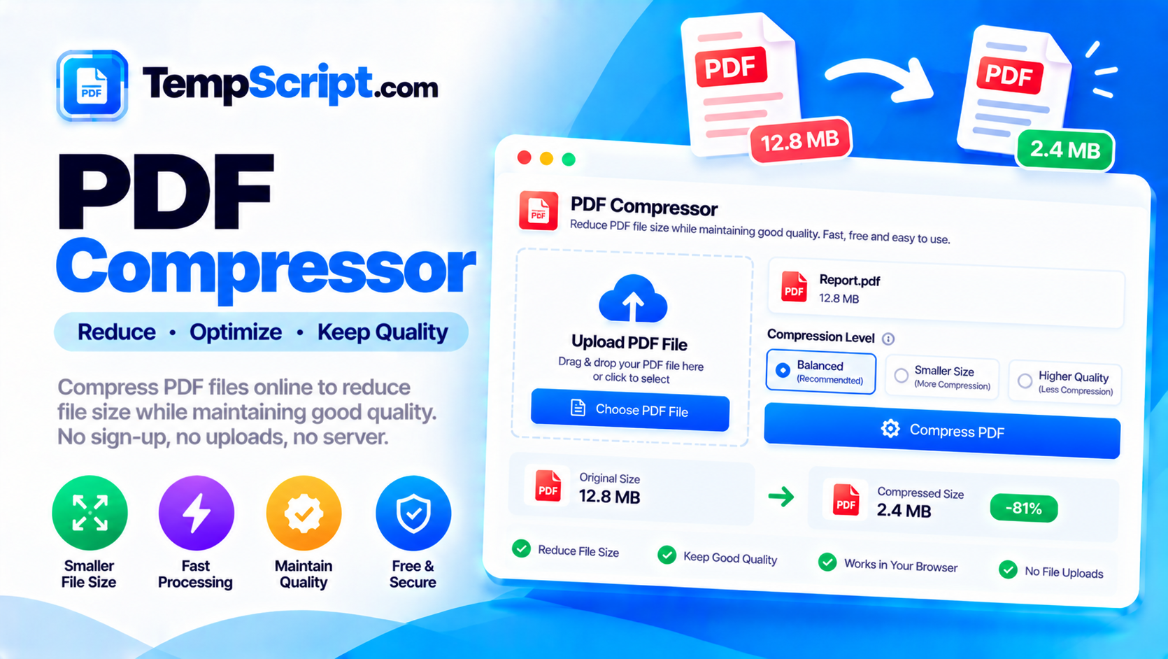 PDF compressor with a preview of the first page and a size comparison before and after compression