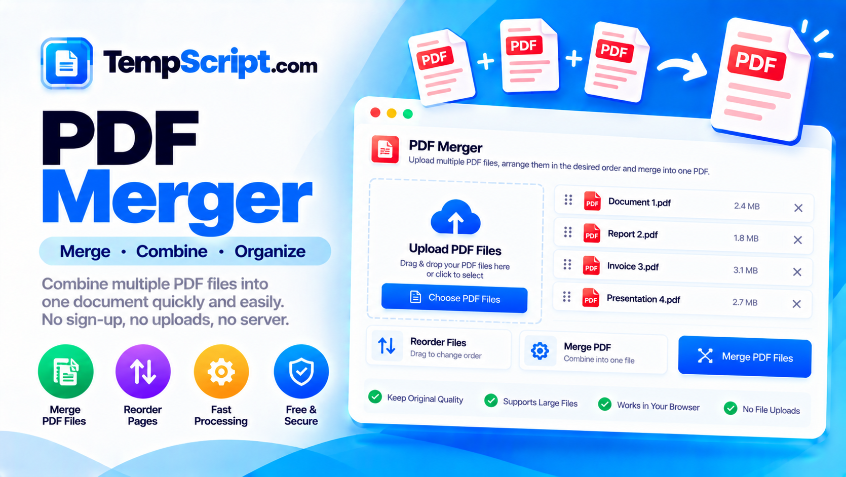 PDF merger with a grid of uploaded PDF file previews and a merge button