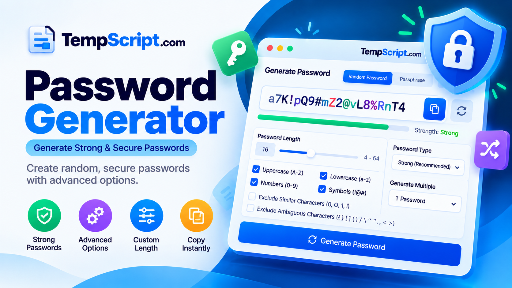 Password generator showing a random password, a length slider and a strength meter