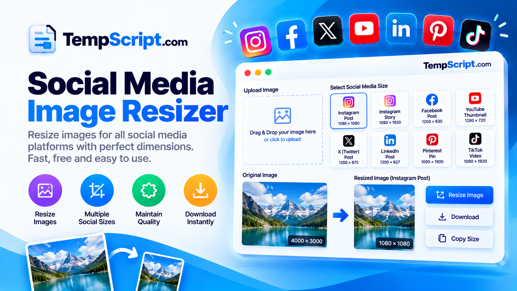 Social media image resizer with platform presets, a crop preview and export options