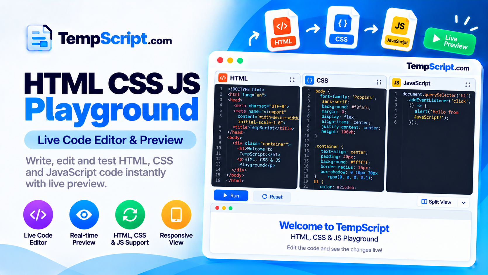 HTML CSS JavaScript playground with three code editors and a live preview panel