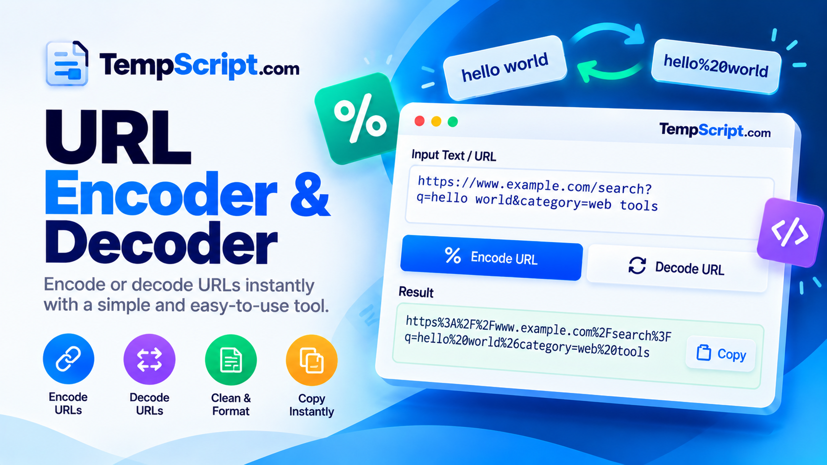 URL encoder and decoder tool with two panels for input and output