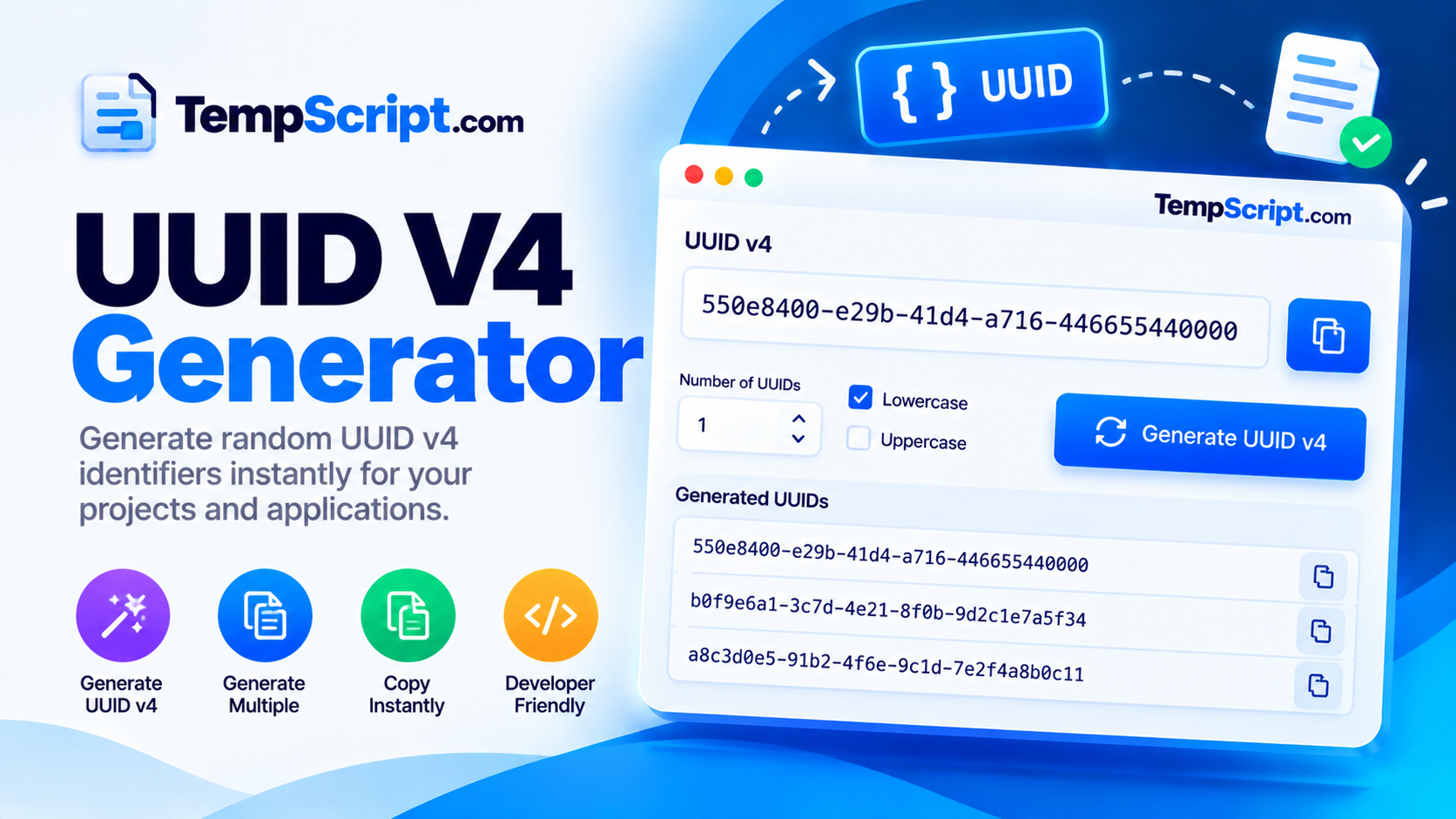 UUID v4 generator interface with quantity options, a list of generated identifiers and a validator