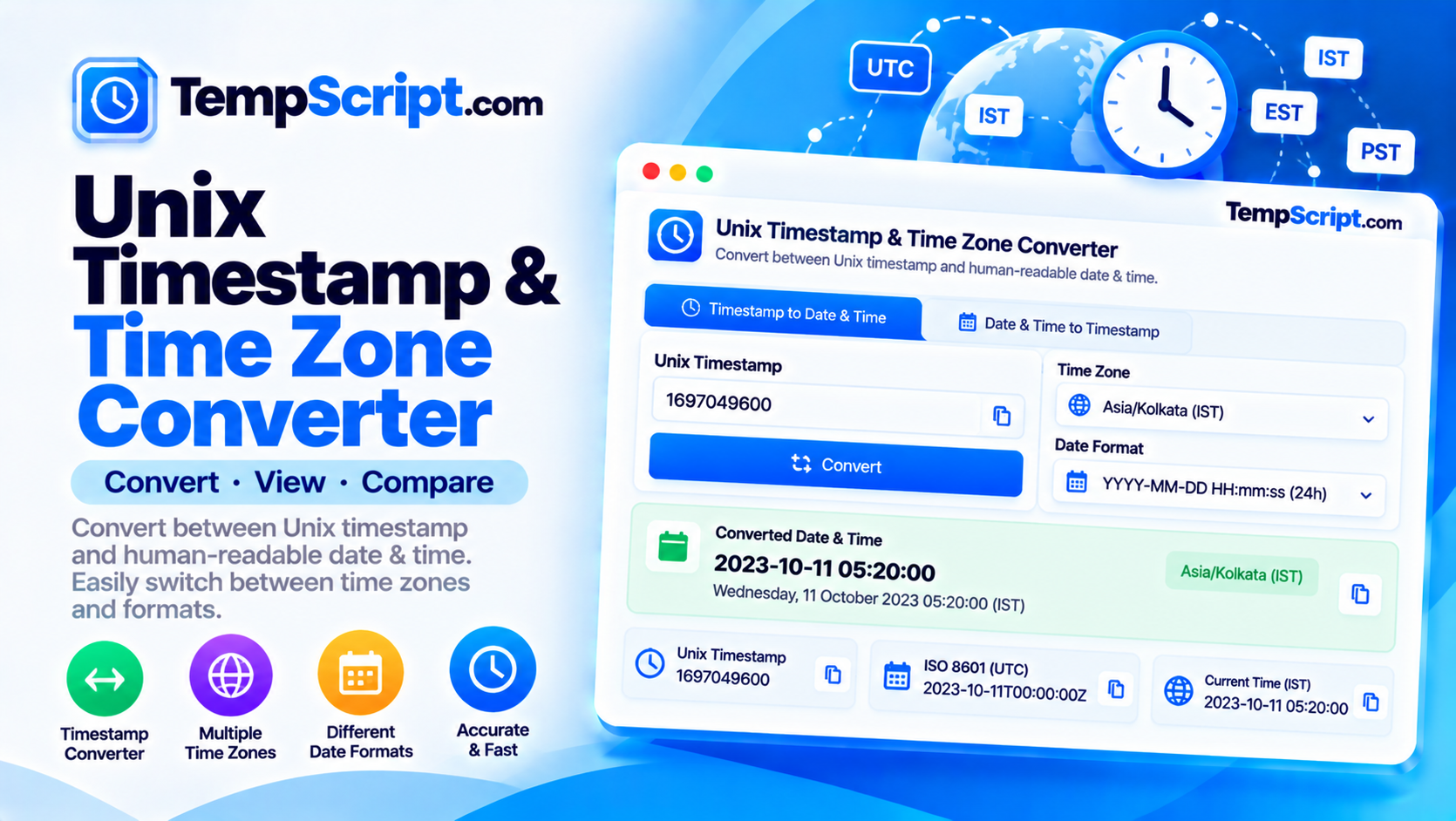 Unix timestamp and time zone converter with live timestamp, conversion results and a date difference tool