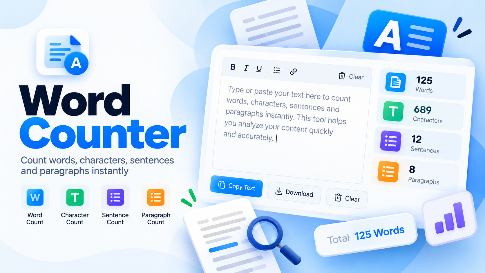 Word counter tool showing word, character and sentence counts for a pasted paragraph