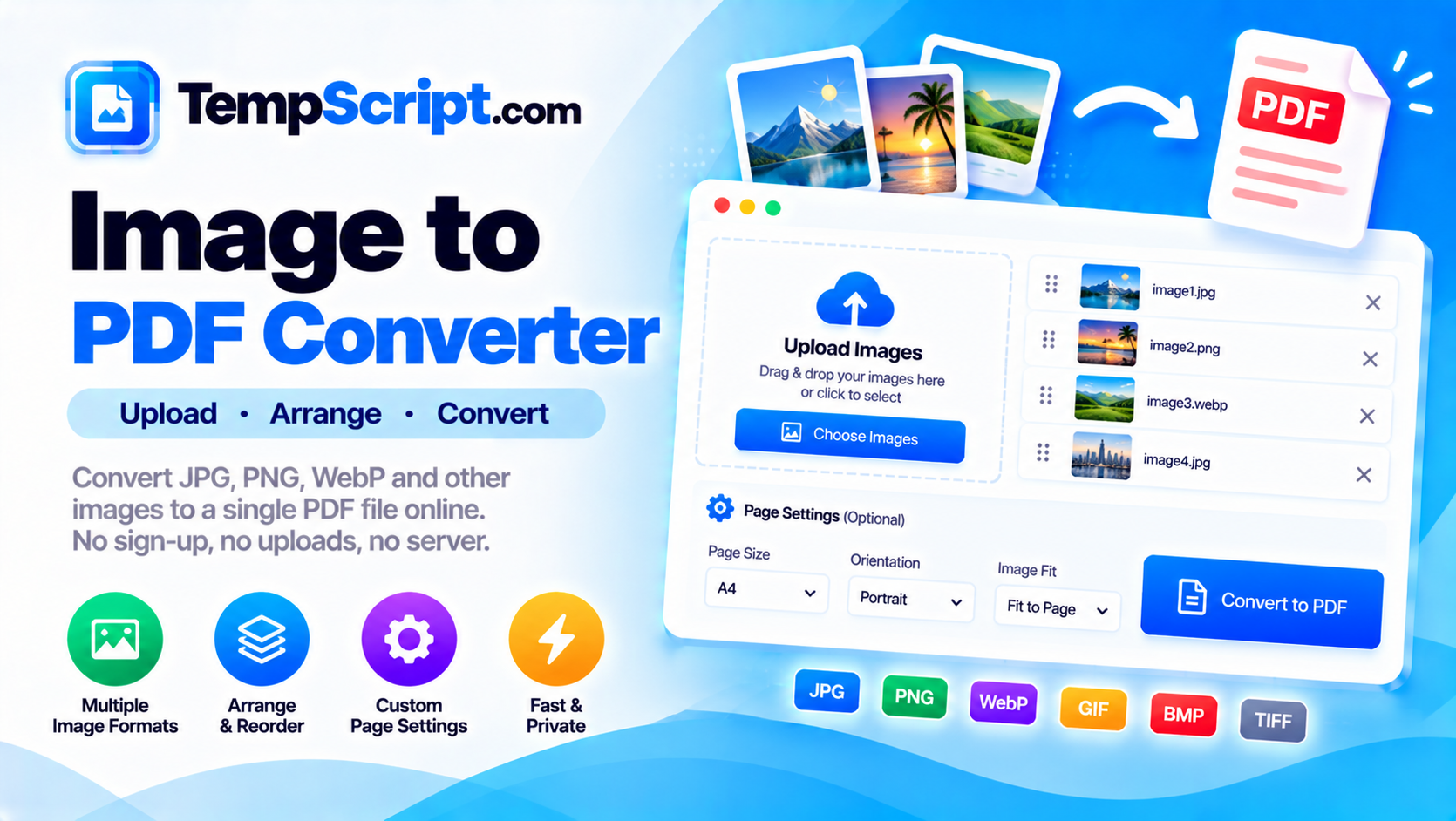Images to PDF converter with a grid of uploaded images and PDF page settings
