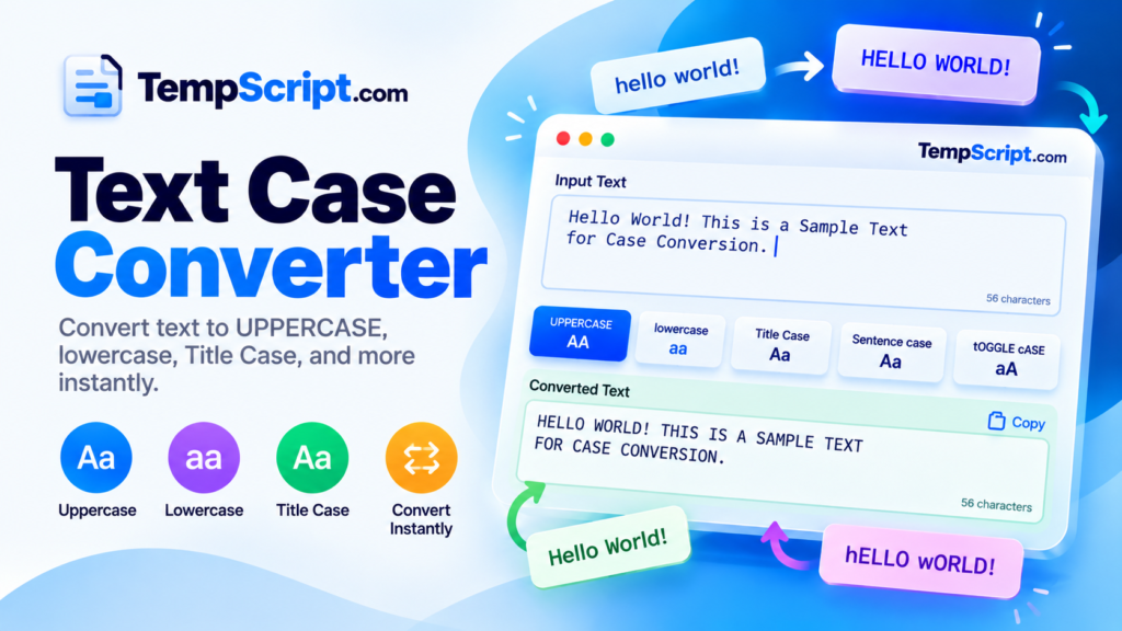 TempScript.com Text Case Converter showing uppercase, lowercase, title case, and converted text examples.