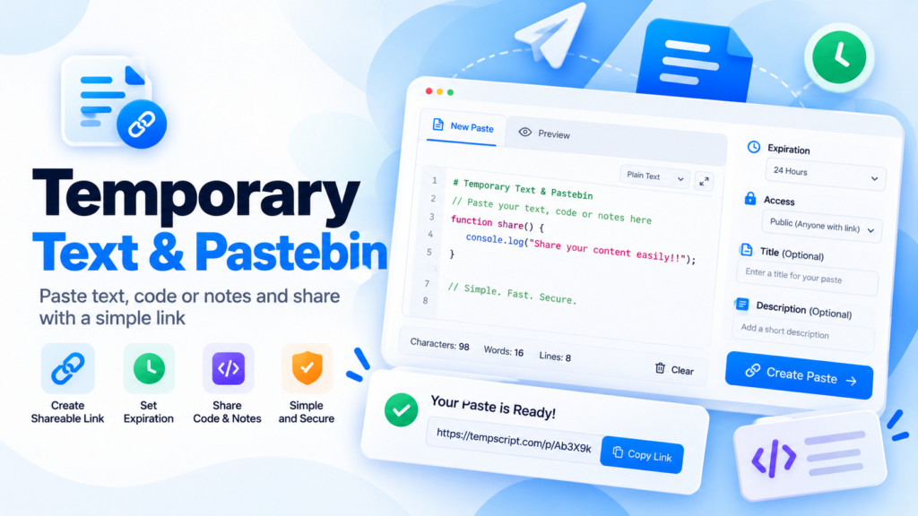 Temporary text and pastebin tool showing a text editor, expiry options and a shareable link.